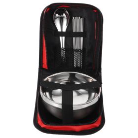 1 set of Portable Chopsticks with 1 Spoon, a Stainless Steel Bowl with Storage Bag for Camping Cooking Outdoor Tableware (Red Bag)