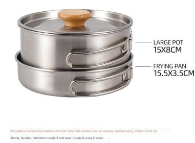 Stainless Steel pot with folding handle, a portable frying pan and soup pot for camping, home, picnic, cookware set