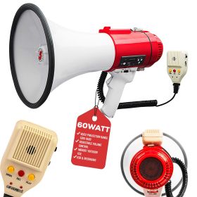 60Watt - 5 Core Professional Megaphone Bullhorn Speaker, Battery Power 1200 Ft Range Loudspeaker W Siren, Ergonomic Handle