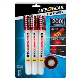 Life Gear - LED 3-Pack Emergency Road Flares, Reusable Safety Glow Stick with Flasher & Magnetic Bases - Batteries Included (Glow Red)
