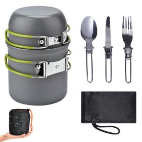 5 Piece Camping Cookware Mess Kit with Lightweight Aluminum Pot, Bowl, Fork, Spoon, Knife and Carry Mesh Bag for Outdoor Camping Hiking and Picnic (Color: Green)