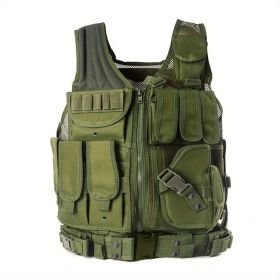 Tactical Vest with Detachable Belt and Subcompact/Compact/Standard Holster for Pistol - Perfect for Airsoft and Military Training (Color: Green)