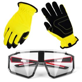 Safety Glasses And Work Gloves Set - Protective eyewear glasses (The clear glass is anti-fog) (Color: Red glasses+ Yellow gloves)