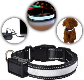 Adjustable Waterproof Dog Safety Collar w/ LED Lighting, USB or Solar Rechargeable Flashing & Reflecting Light For Night Walking (Color: White, size: S)